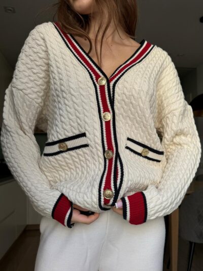 Cardigan Élégant en Maille avec Détails Rouges et Noirs